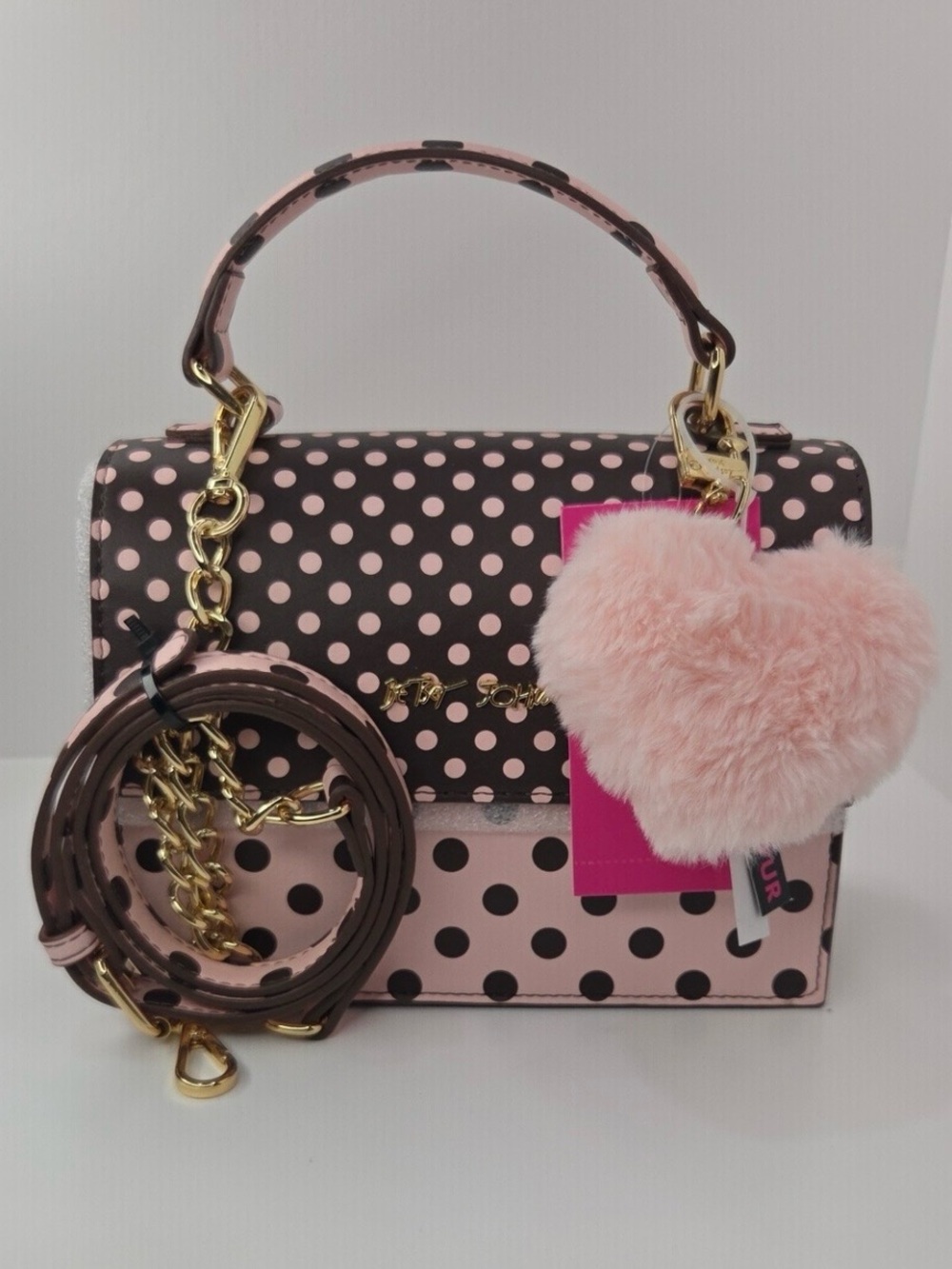 Betsey Johnson Pink and Brown Polka Dot Mini Crossbody with Heart Charm